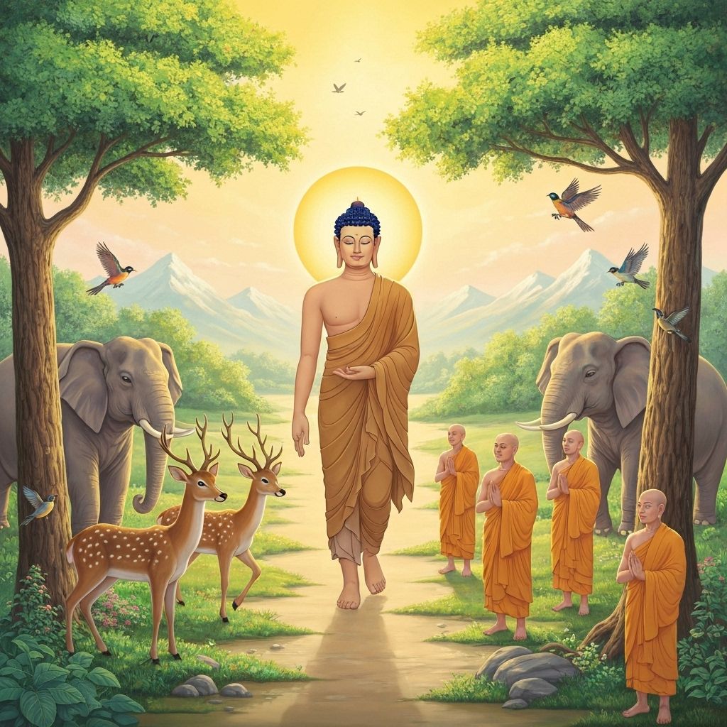 Buddha walking peacefully surrounded by animals and disciples on the sacred pilgrimage path