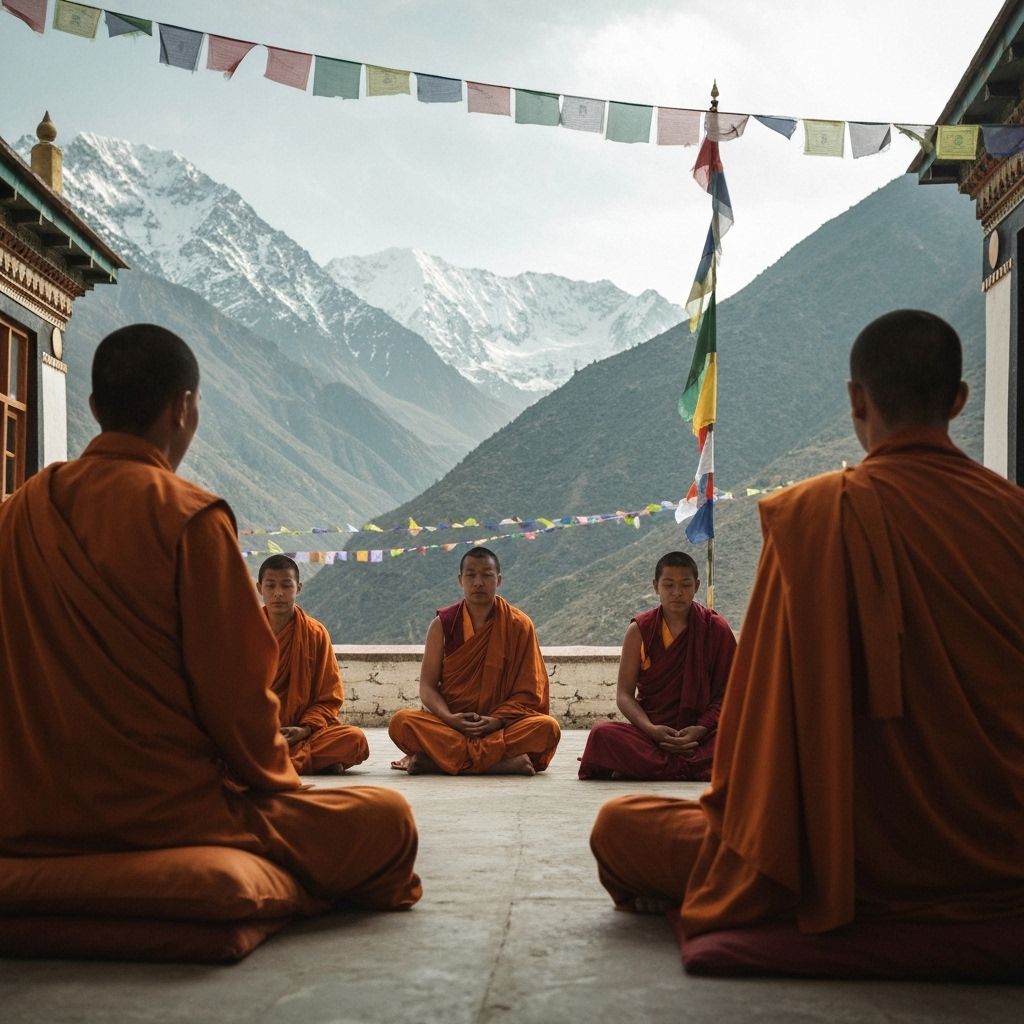 Buddhist monks in meditation at mountain monastery