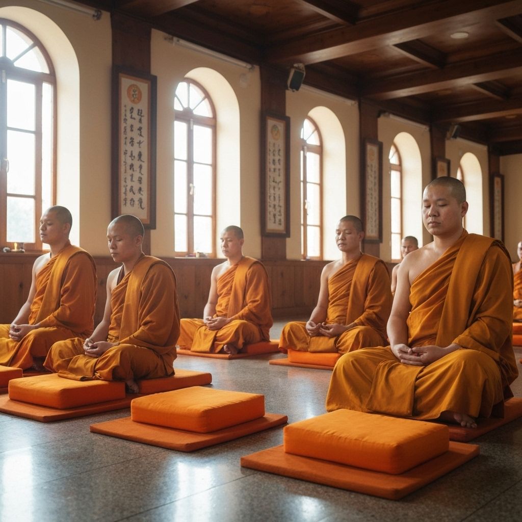 Buddhist monks and practitioners in meditation practice at sacred temple with prayer flags and incense