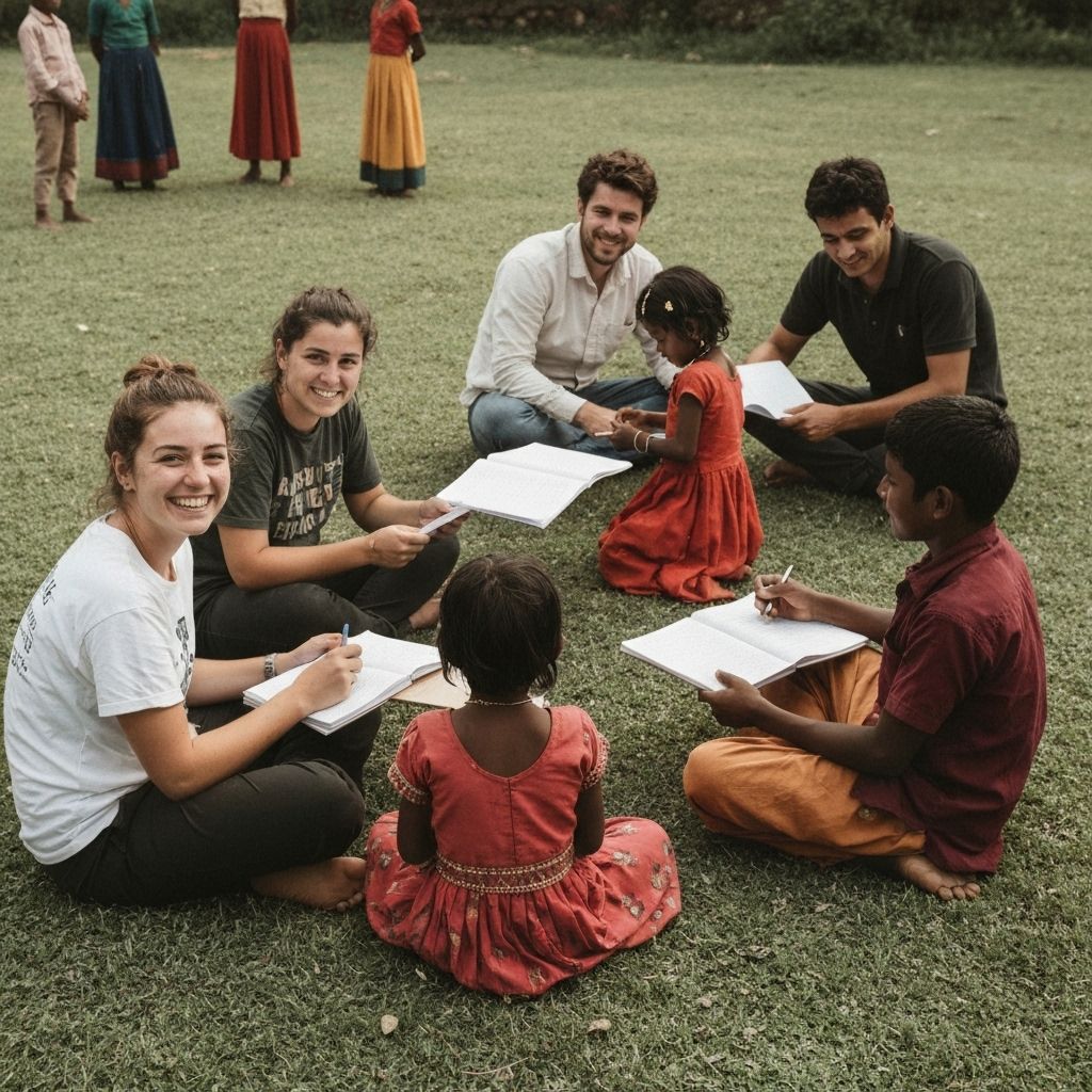 Volunteers working with local Buddhist community on education and service projects in India