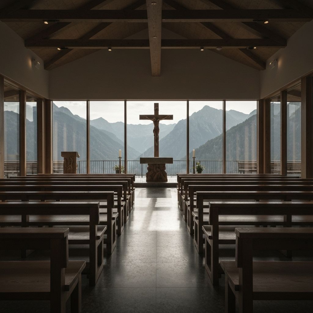 Peaceful Christian monastery chapel with mountain views