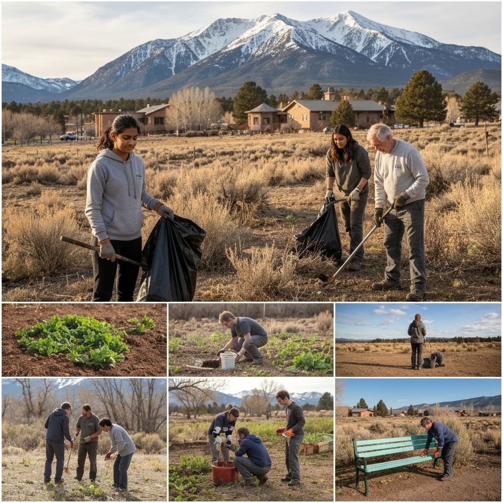 Community service activities in Crestone valley with mountain backdrop and diverse spiritual centers