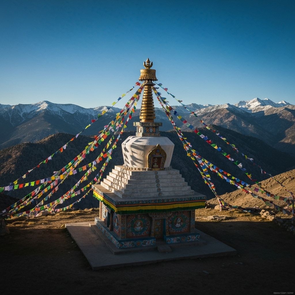 Tibetan Buddhist stupa with prayer flags