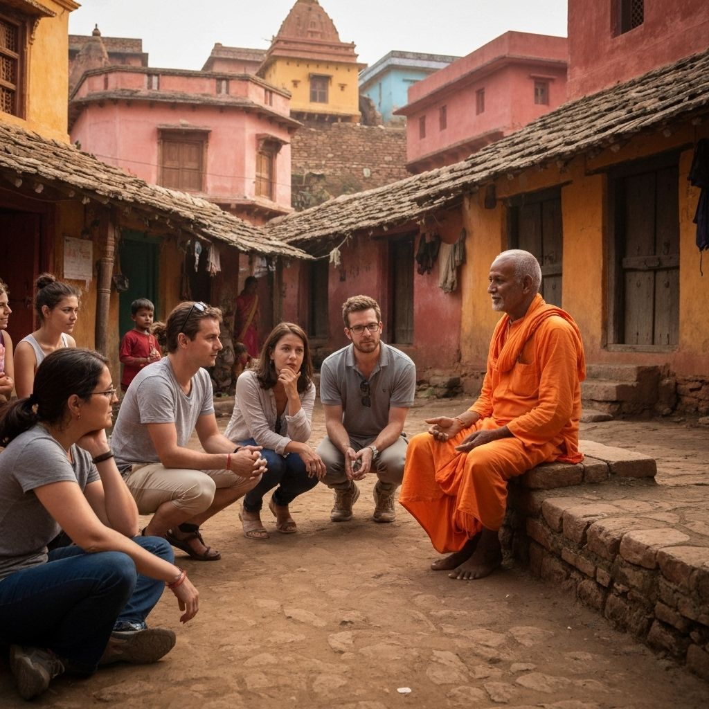 Smiling guide with guests in a village