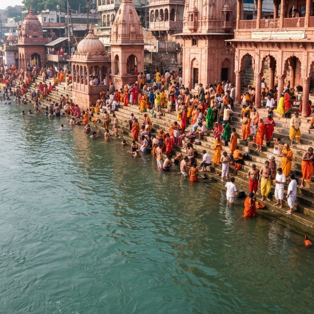 Pilgrims walking through a village path at sunset