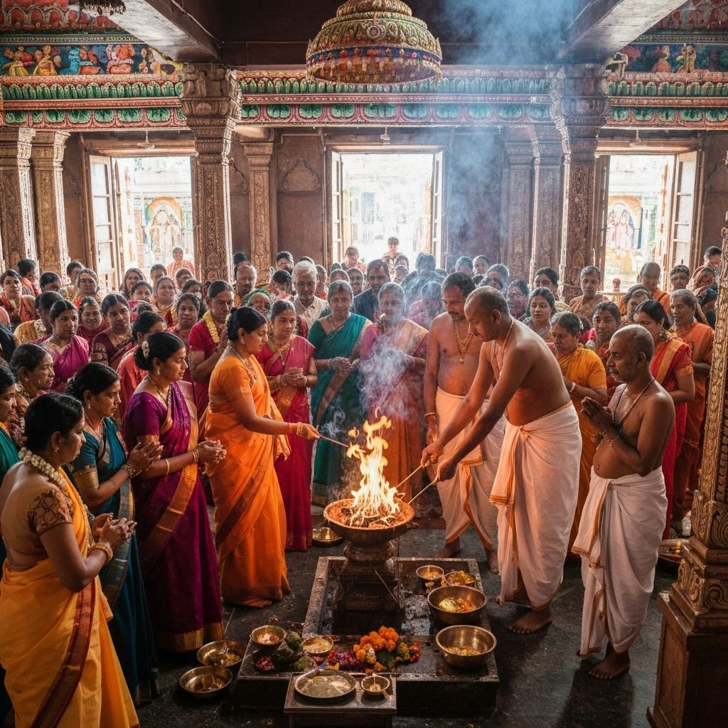Traditional Hindu temple ceremony with devotees and sacred fire