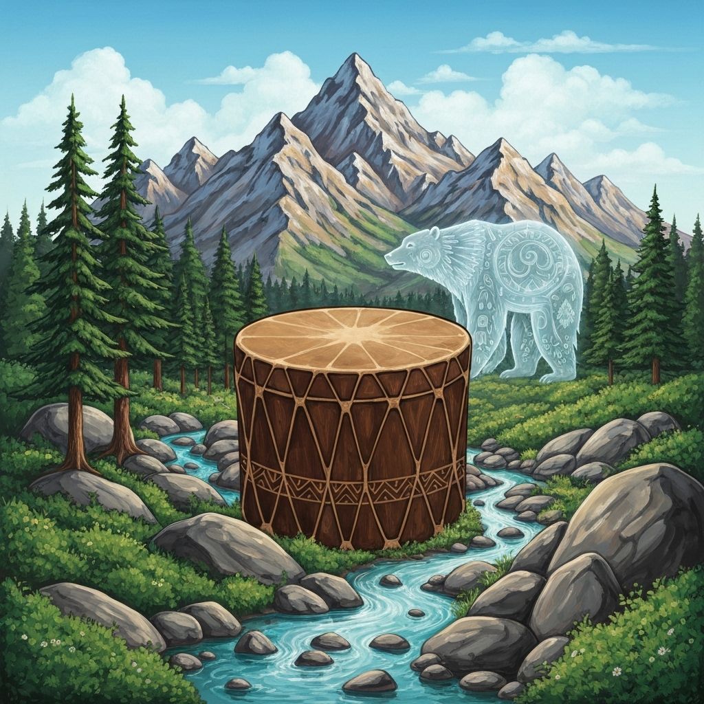 Sacred indigenous symbols including traditional drum, mountain landscape, earth, and bear spirit without people