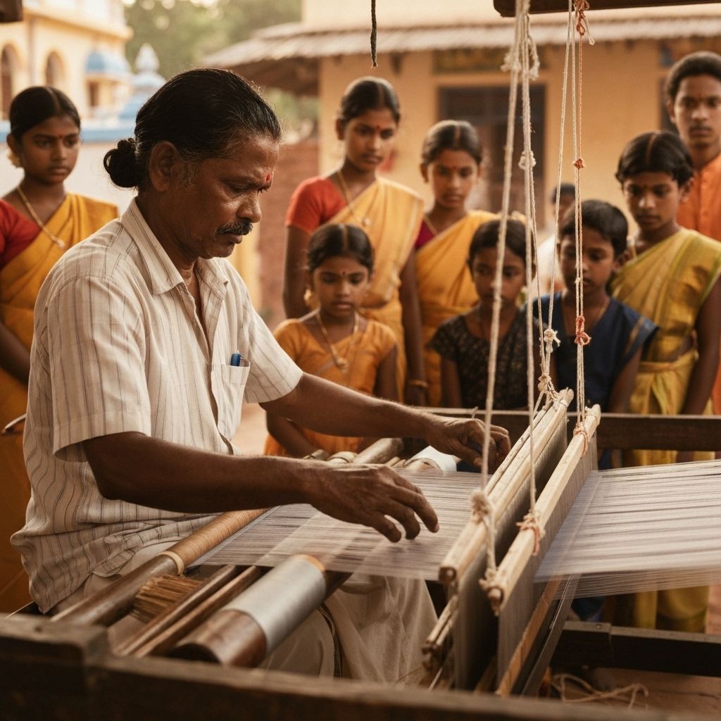 Silk weaving artisans and children's education programs in Kanchipuram temple city