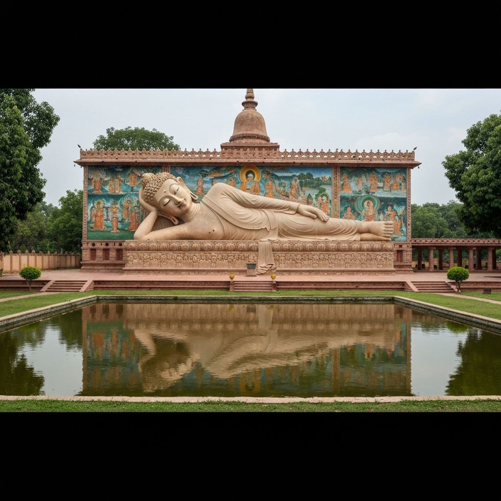 Parinirvana Temple at Kushinagar India with reclining Buddha statue marking site of Buddha's final liberation