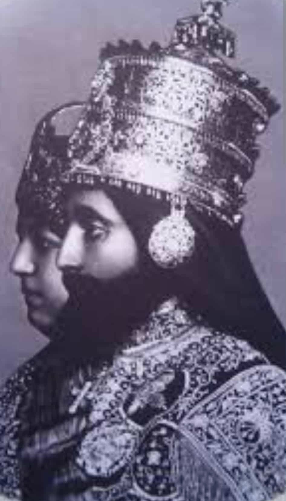 Traditional Ethiopian royal portrait in the style of Haile Selassie I with ornate crown and ceremonial robes representing the spiritual heritage of Rastafari tradition