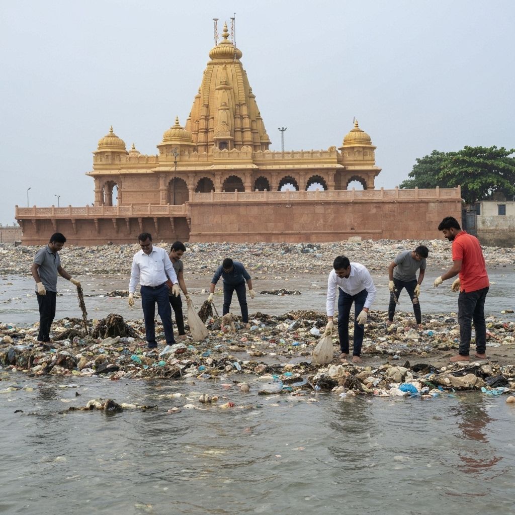 Marine conservation efforts in Dwarka with coastal temple setting