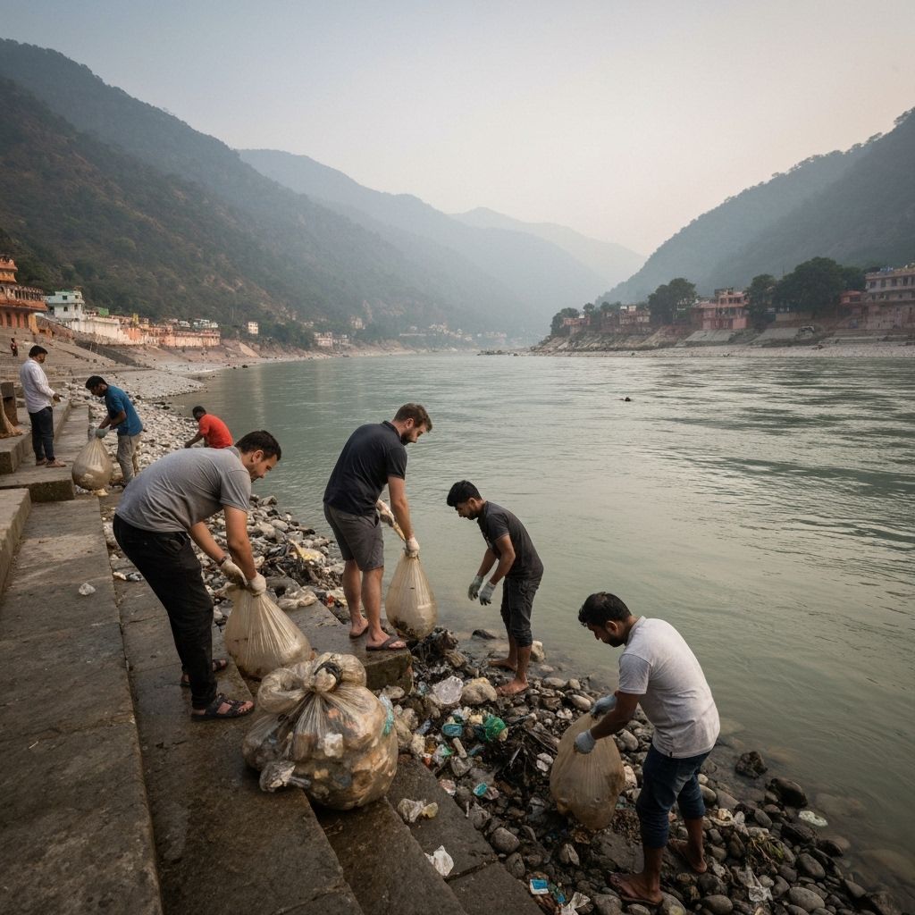 Volunteers cleaning Ganges ghats with local community members