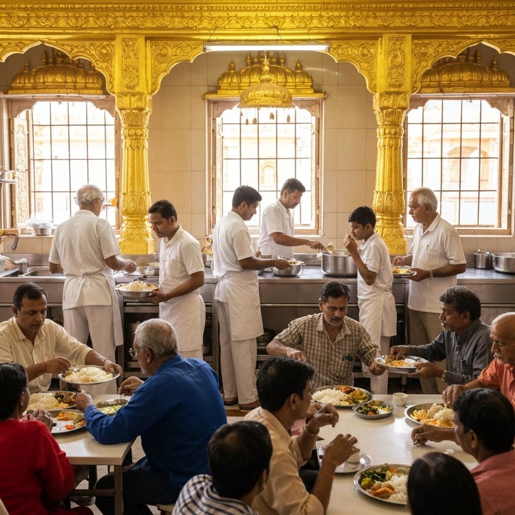 Community meal service in Ayodhya with temple architecture