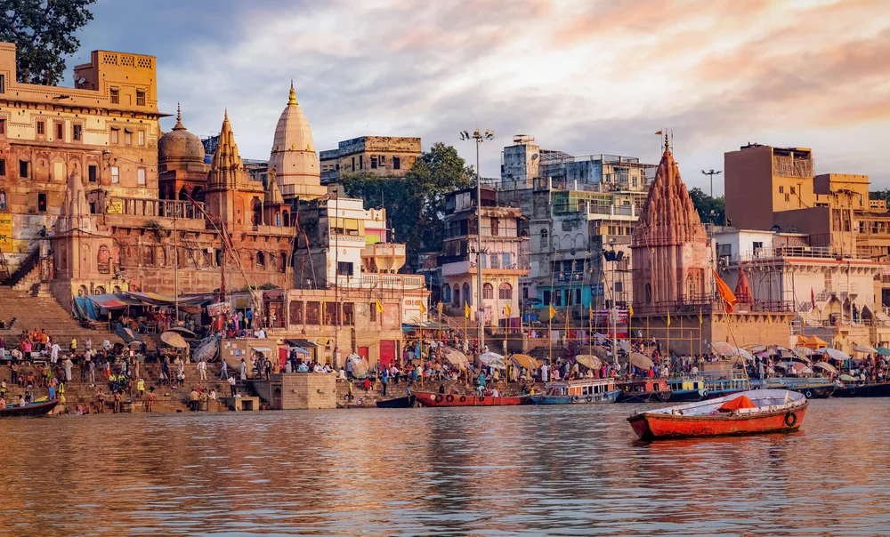 Sacred ghats of Varanasi along the Ganges River at golden hour
